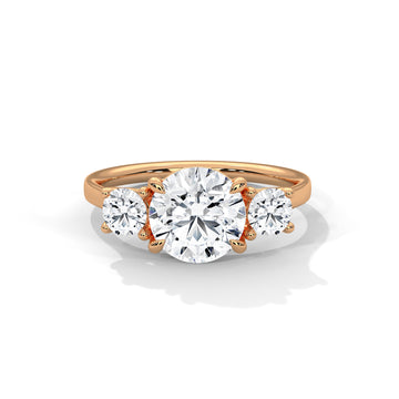 Three Stone Round Diamond Engagement Ring in Rose Gold – Classic Trilogy Diamond Ring with Side Stones
