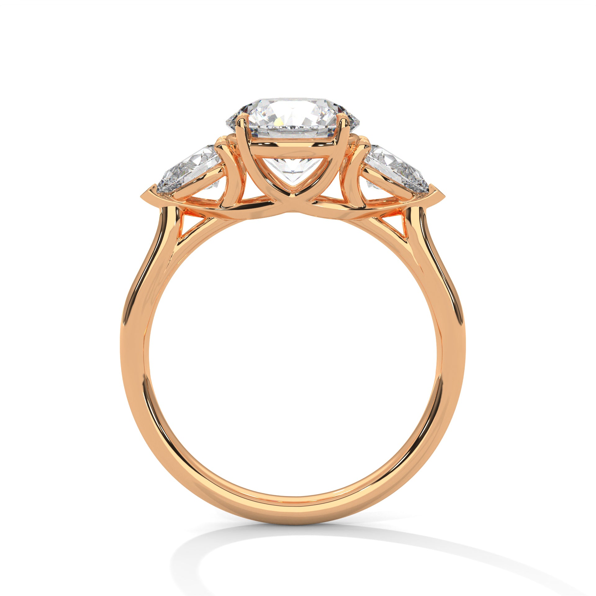 Three Stone Diamond Engagement Ring in 14K Rose Gold, 1.50 Carat Round Lab Grown Diamond with Pear Side Stones