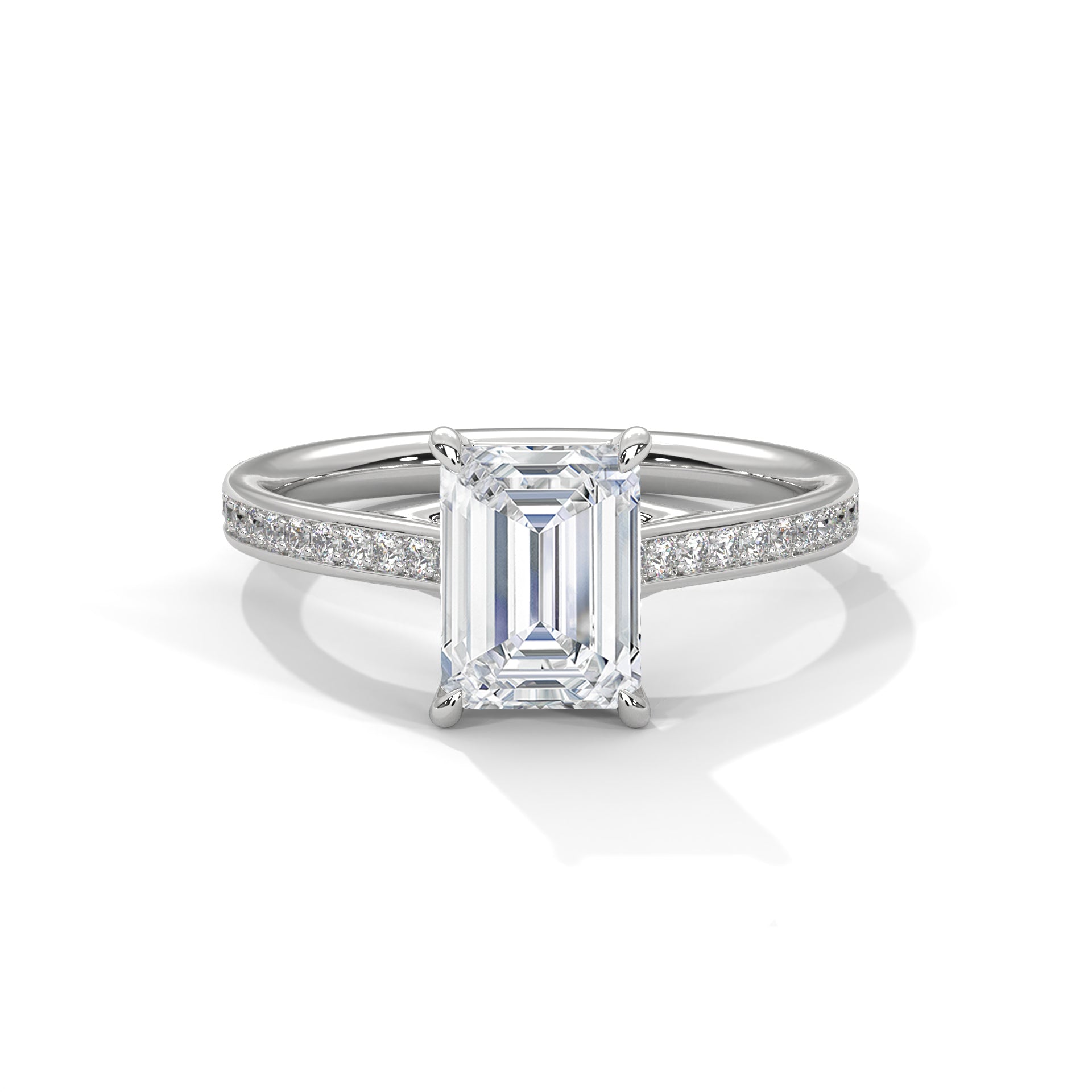 Emerald Cut Diamond Engagement Ring in 14K White Gold – 2.00 Carat Emerald Cut with Pavé Band