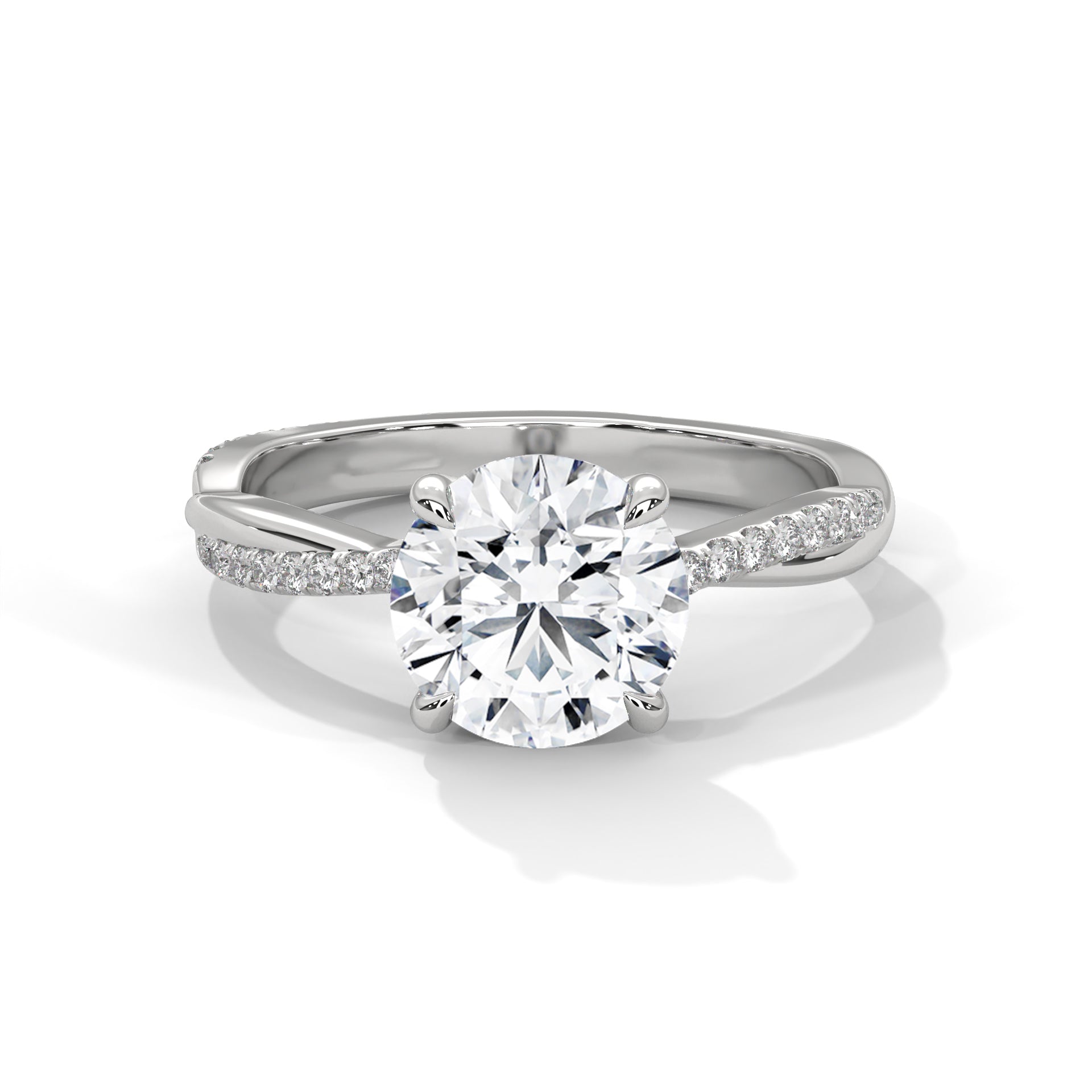 Round Cut Diamond Engagement Ring in 14K White Gold, 1.50 Carat Lab Grown Diamond Pavé Band White Gold Solitaire Ring