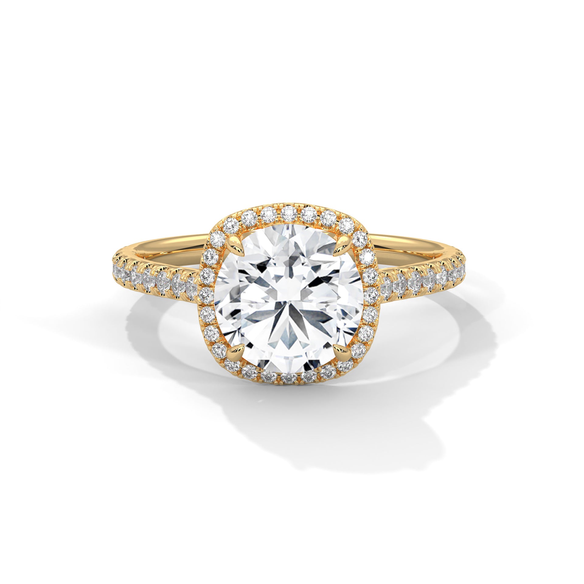 Round Cut Halo Diamond Engagement Ring in 14K Yellow Gold, 2.00 Carat Lab Grown Diamond Pavé Bridal Ring