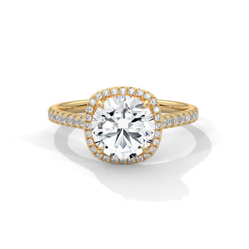Round Cut Halo Diamond Engagement Ring in 14K Yellow Gold, 2.00 Carat Lab Grown Diamond Pavé Bridal Ring