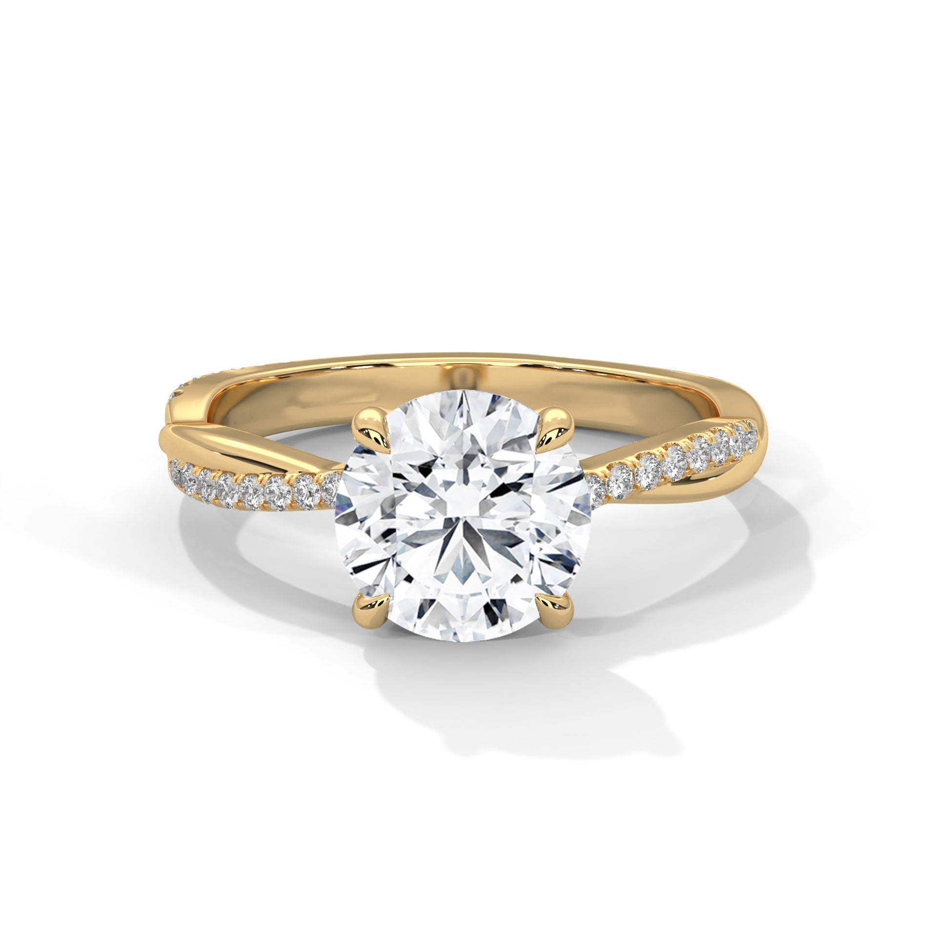 Round Cut Diamond Engagement Ring in 14K Yellow Gold, 1.50 Carat Lab Grown Diamond Pavé Band Solitaire Ring