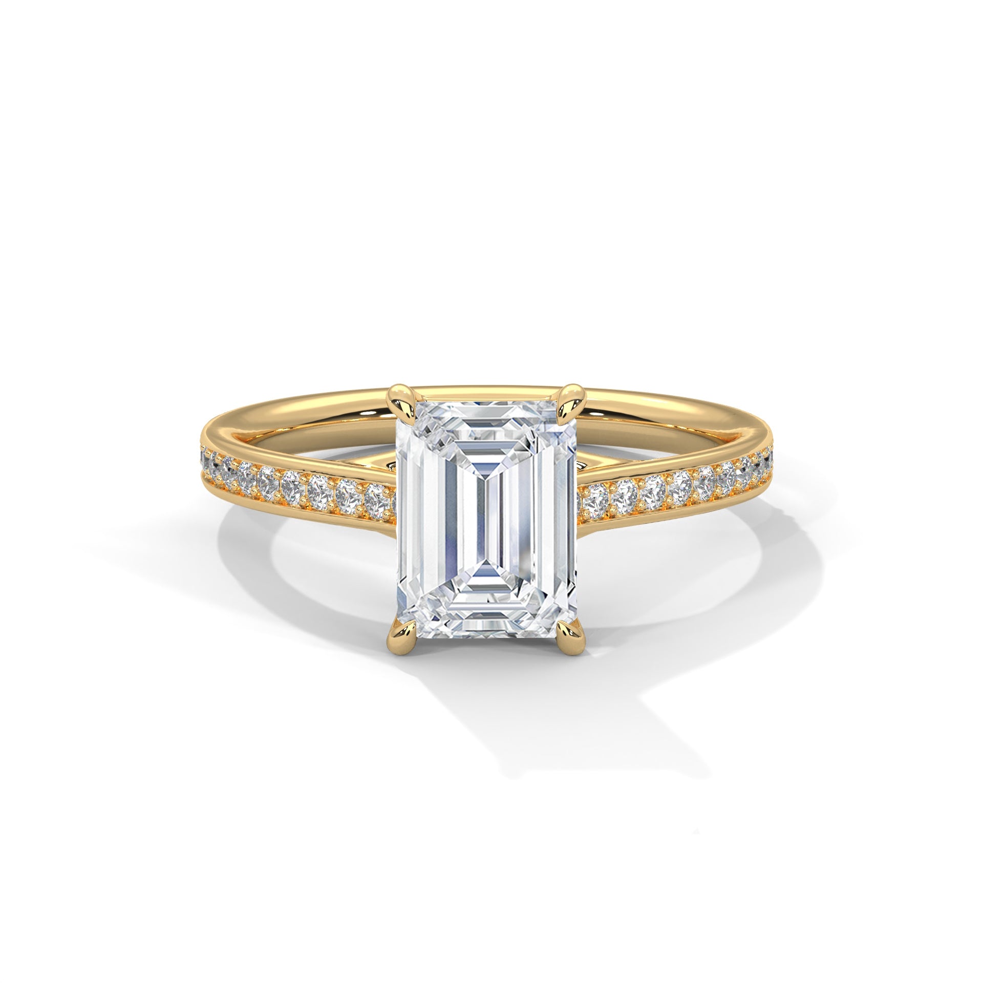 Emerald Cut Diamond Engagement Ring in 14K Yellow Gold – 2.00 Carat Emerald Cut with Pavé Band
