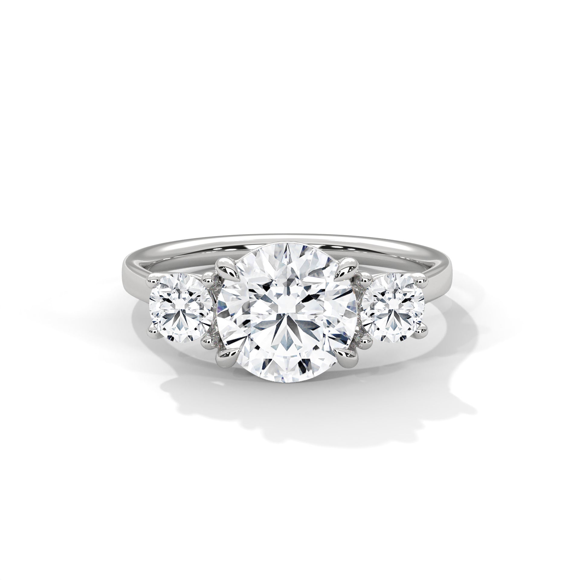 Three Stone Round Diamond Engagement Ring in White Gold – Classic Trilogy Diamond Ring with Side Stones