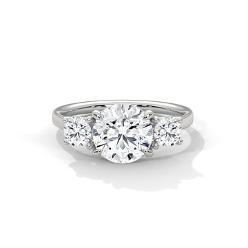 Three Stone Round Diamond Engagement Ring in White Gold – Classic Trilogy Diamond Ring with Side Stones