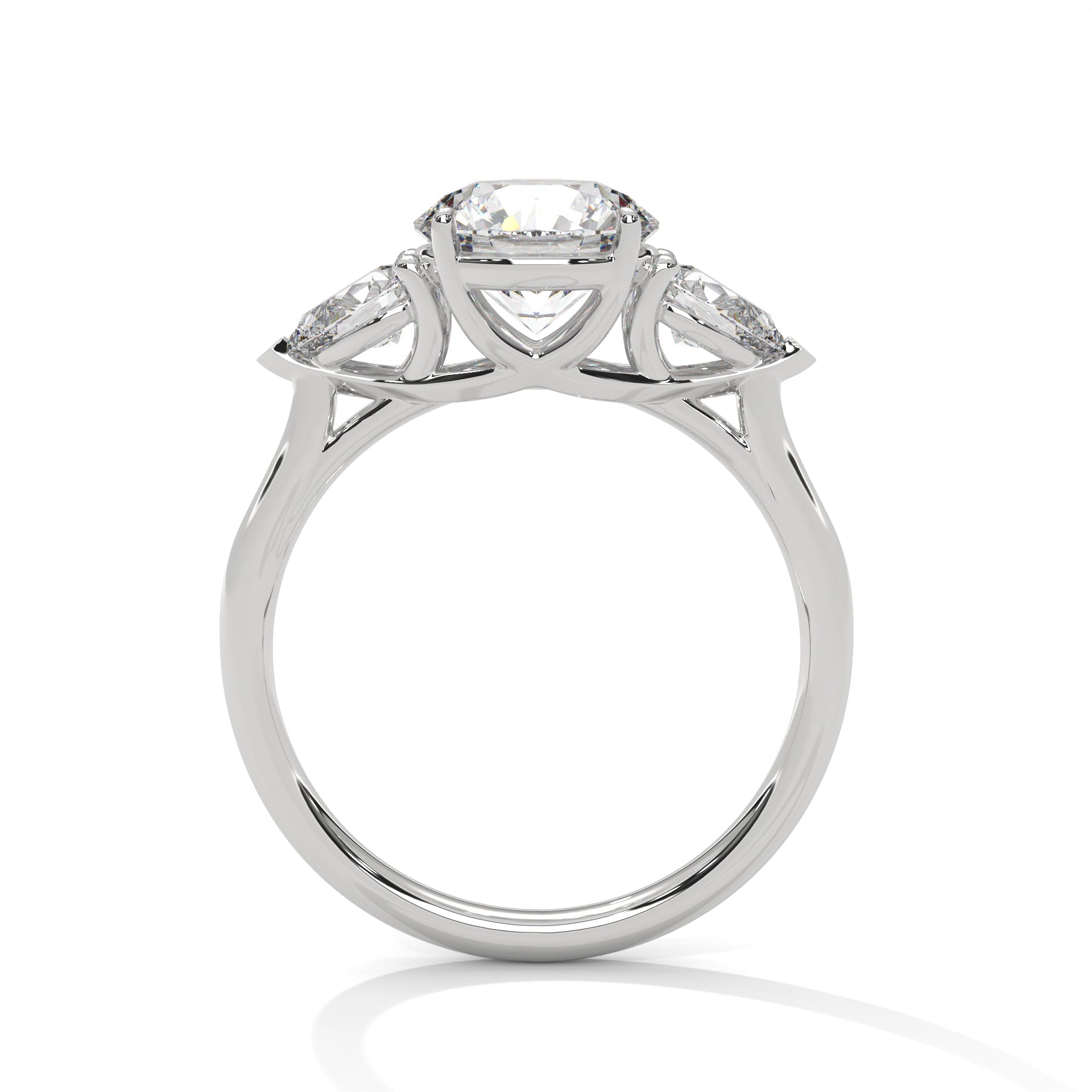 Three Stone Diamond Engagement Ring in 14K White Gold, 1.50 Carat Round Lab Grown Diamond with Pear Side Stones