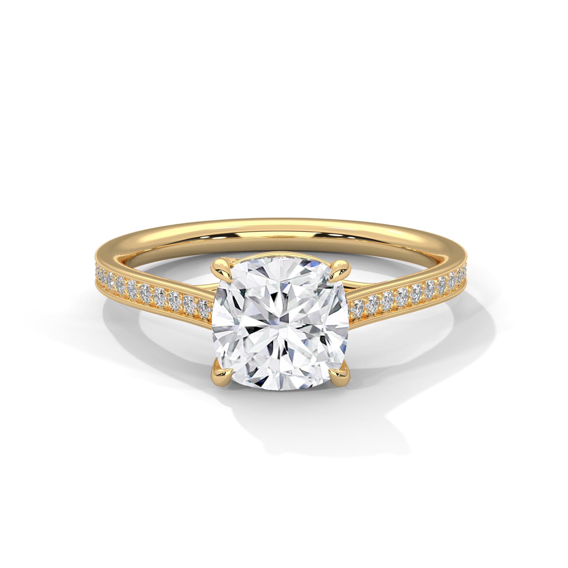 Cushion Cut Diamond Engagement Ring in Yellow Gold – Hidden Halo Pavé Diamond Ring – Luxury Cushion Diamond Proposal Ring