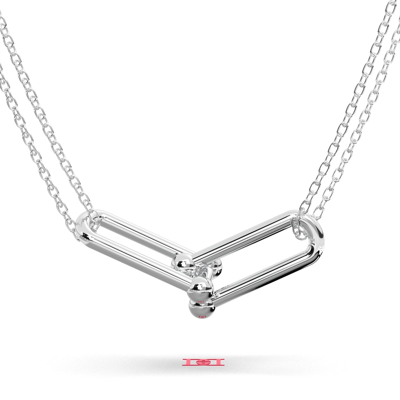 Modern Sterling Silver Geometric Pendant Necklace, Minimalist Double Link Charm, Contemporary Architectural Jewelry Gift for Her