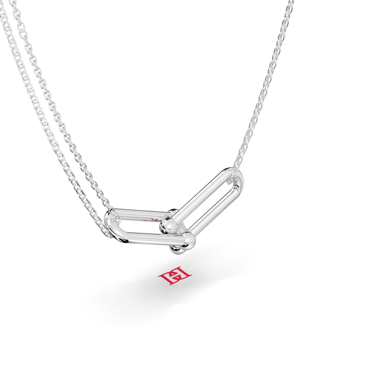 Modern Sterling Silver Geometric Pendant Necklace, Minimalist Double Link Charm, Contemporary Architectural Jewelry Gift for Her