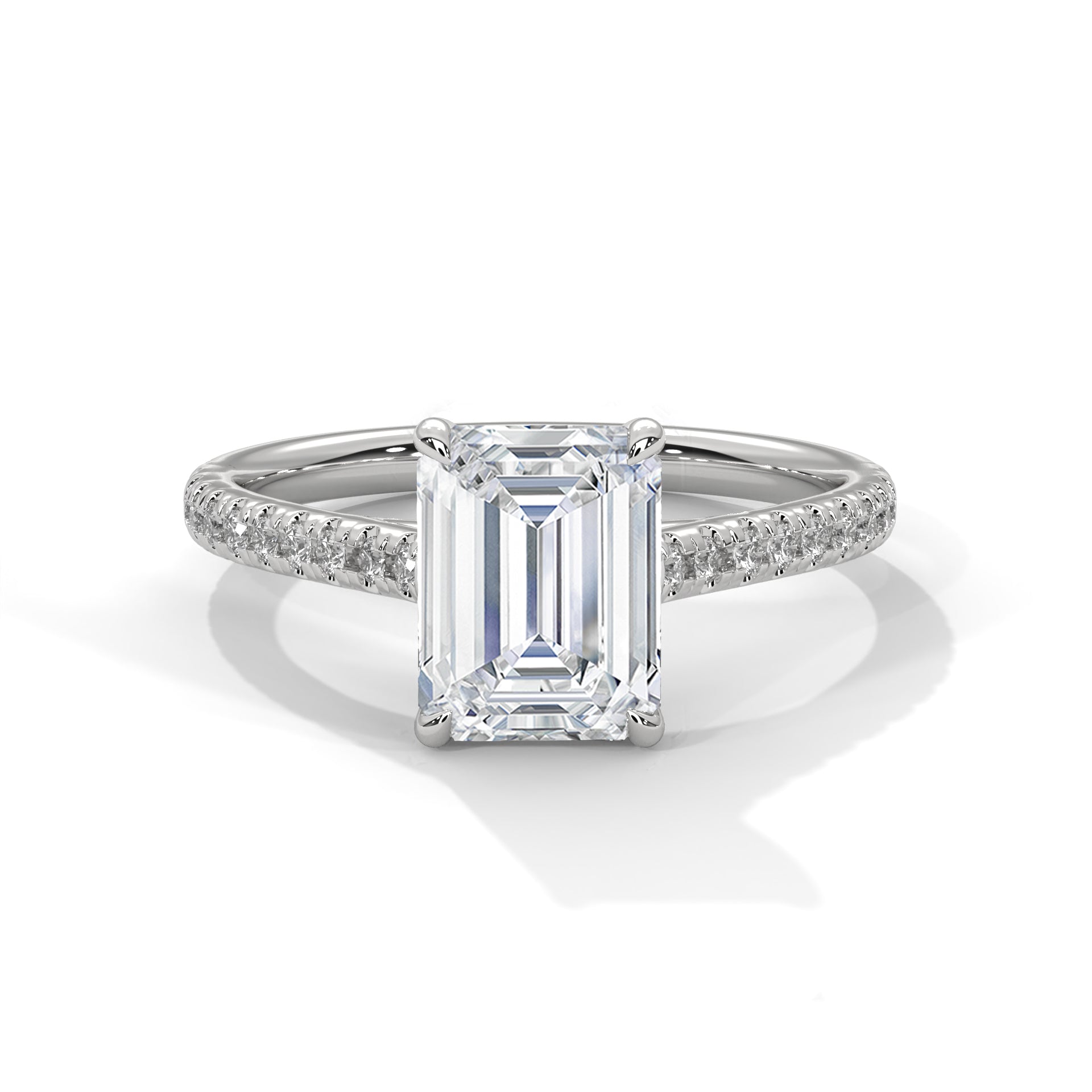 Emerald Cut Diamond Engagement Ring in White Gold – Pavé Diamond Band Ring – Classic Emerald Cut Proposal Ring