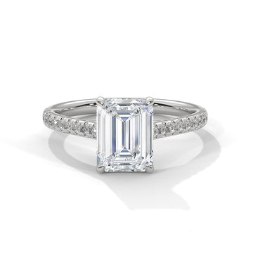 Emerald Cut Diamond Engagement Ring in White Gold – Pavé Diamond Band Ring – Classic Emerald Cut Proposal Ring