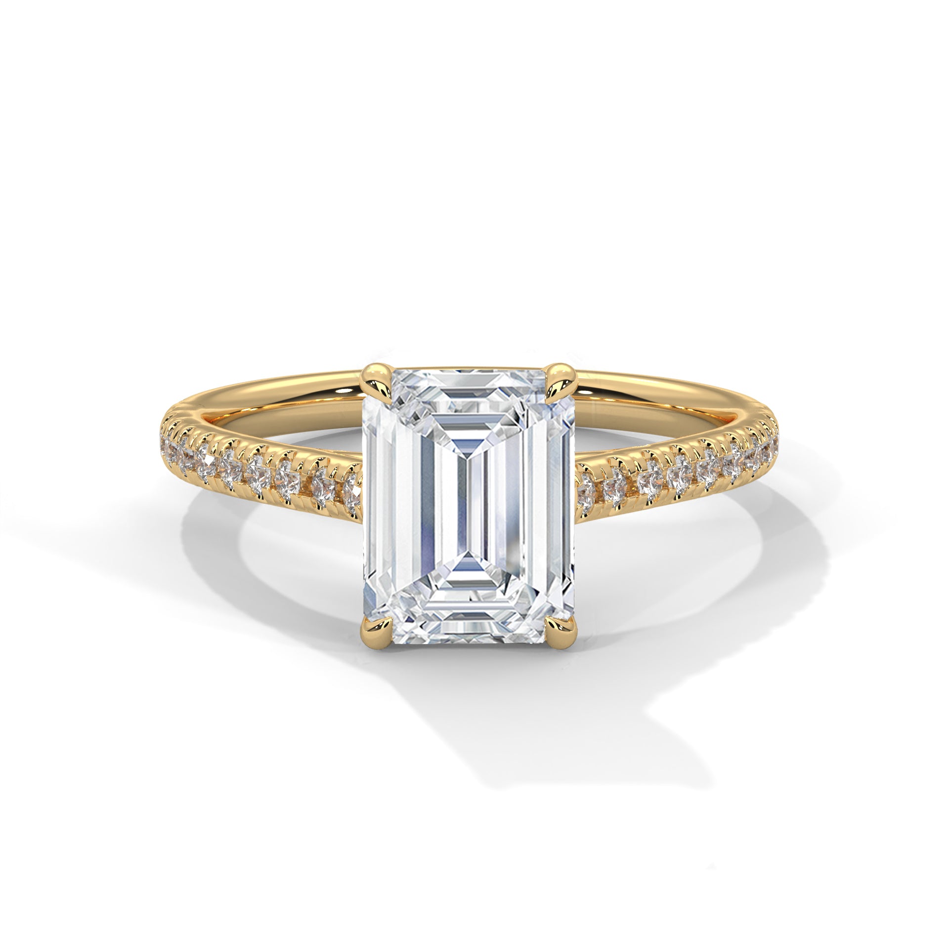 Emerald Cut Diamond Engagement Ring in Yellow Gold – Pavé Diamond Band Ring – Classic Emerald Cut Proposal Ring