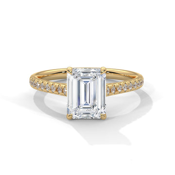 Emerald Cut Diamond Engagement Ring in Yellow Gold – Pavé Diamond Band Ring – Classic Emerald Cut Proposal Ring