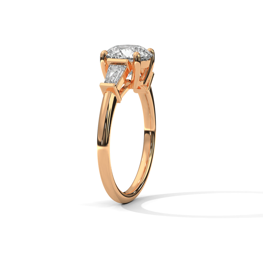 Round Cut Diamond Three Stone Engagement Ring in Rose Gold – Round Diamond Ring with Trapezoid Side Stones – Luxury Three Stone Proposal Ring