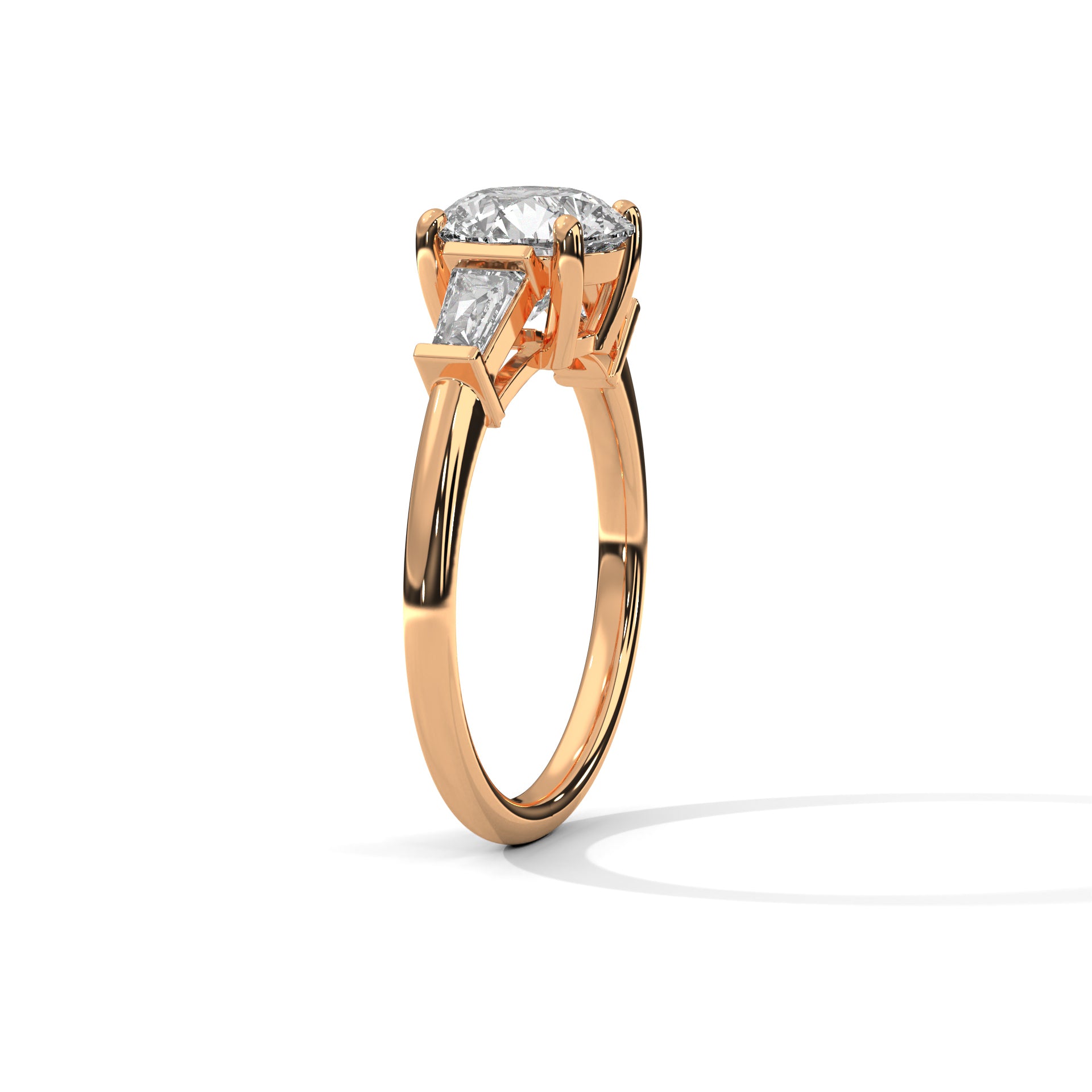 Round Cut Diamond Three Stone Engagement Ring in Rose Gold – Round Diamond Ring with Trapezoid Side Stones – Luxury Three Stone Proposal Ring
