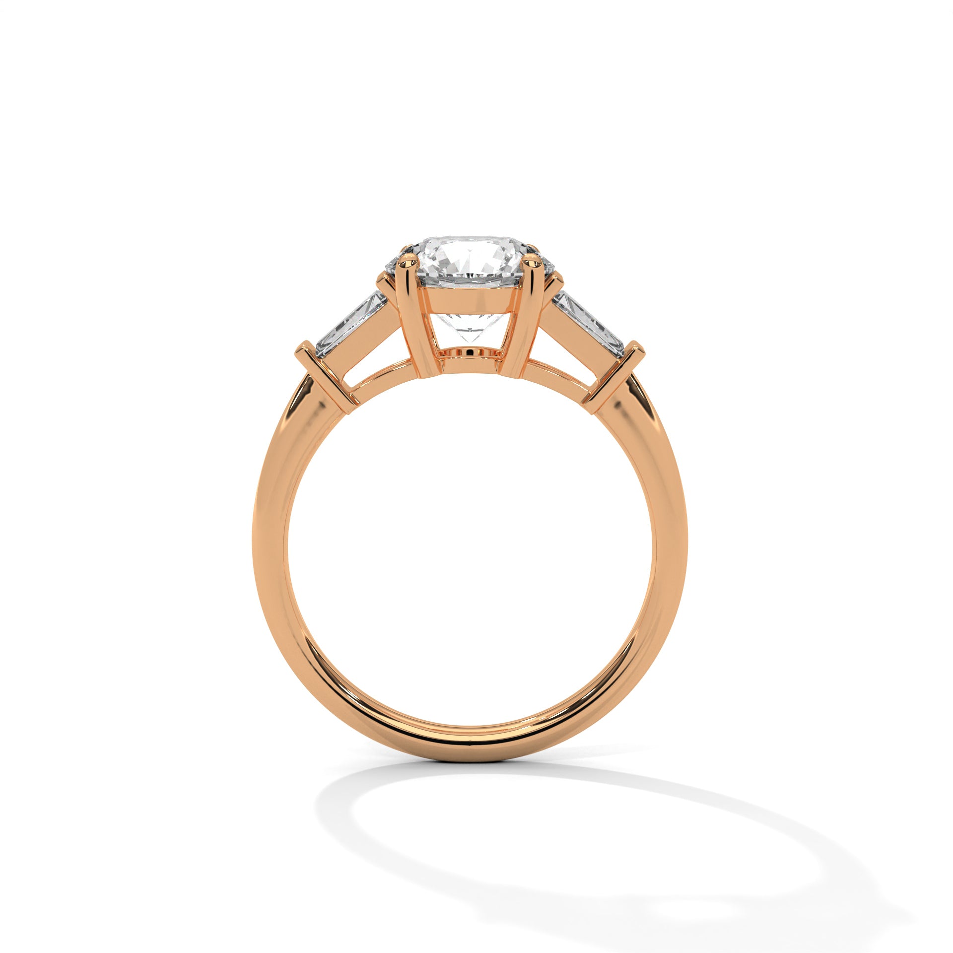 Round Cut Diamond Three Stone Engagement Ring in Rose Gold – Round Diamond Ring with Trapezoid Side Stones – Luxury Three Stone Proposal Ring
