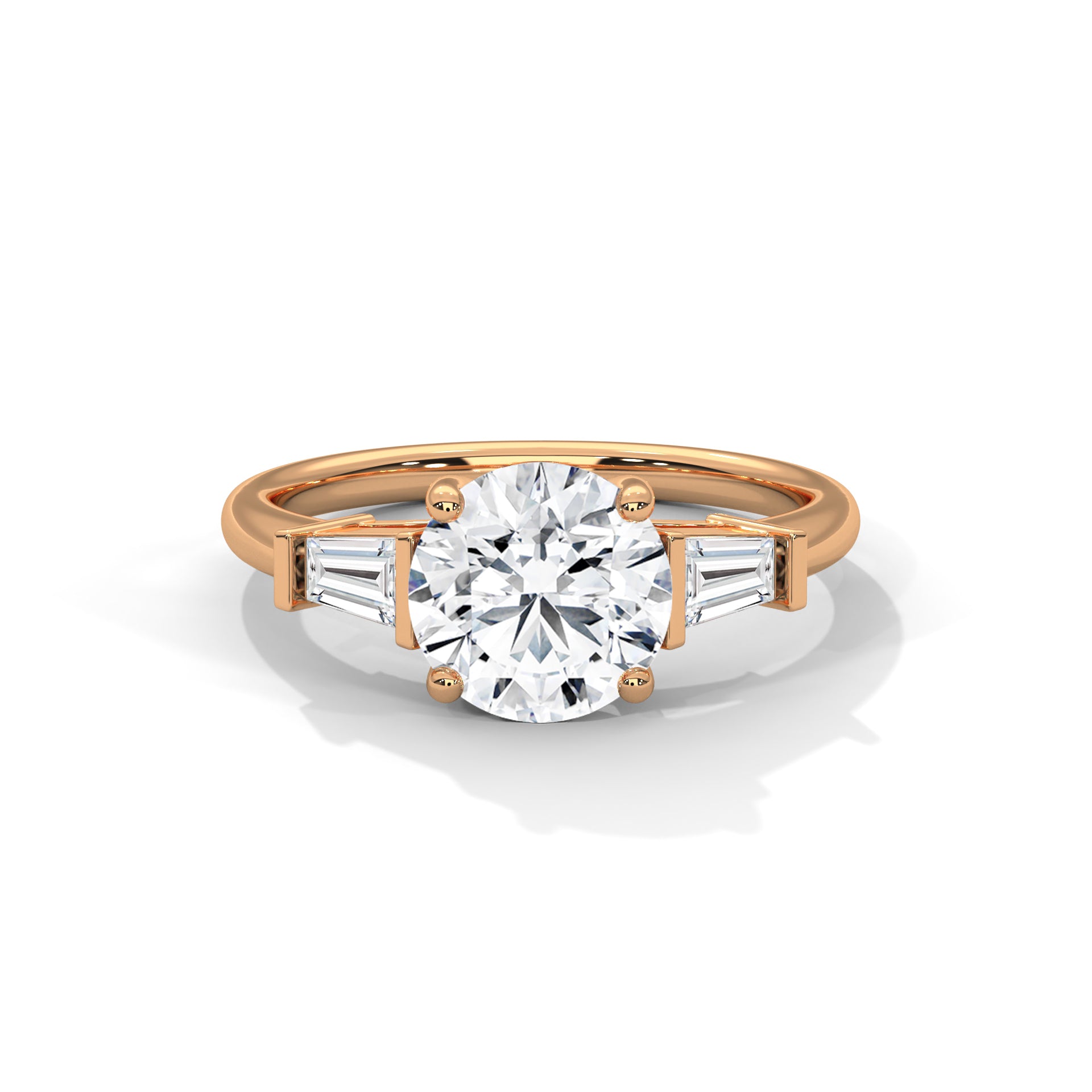 Round Cut Diamond Three Stone Engagement Ring in Rose Gold – Round Diamond Ring with Trapezoid Side Stones – Luxury Three Stone Proposal Ring