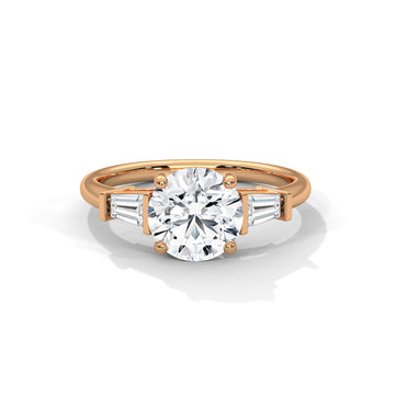 Round Cut Diamond Three Stone Engagement Ring in Rose Gold – Round Diamond Ring with Trapezoid Side Stones – Luxury Three Stone Proposal Ring