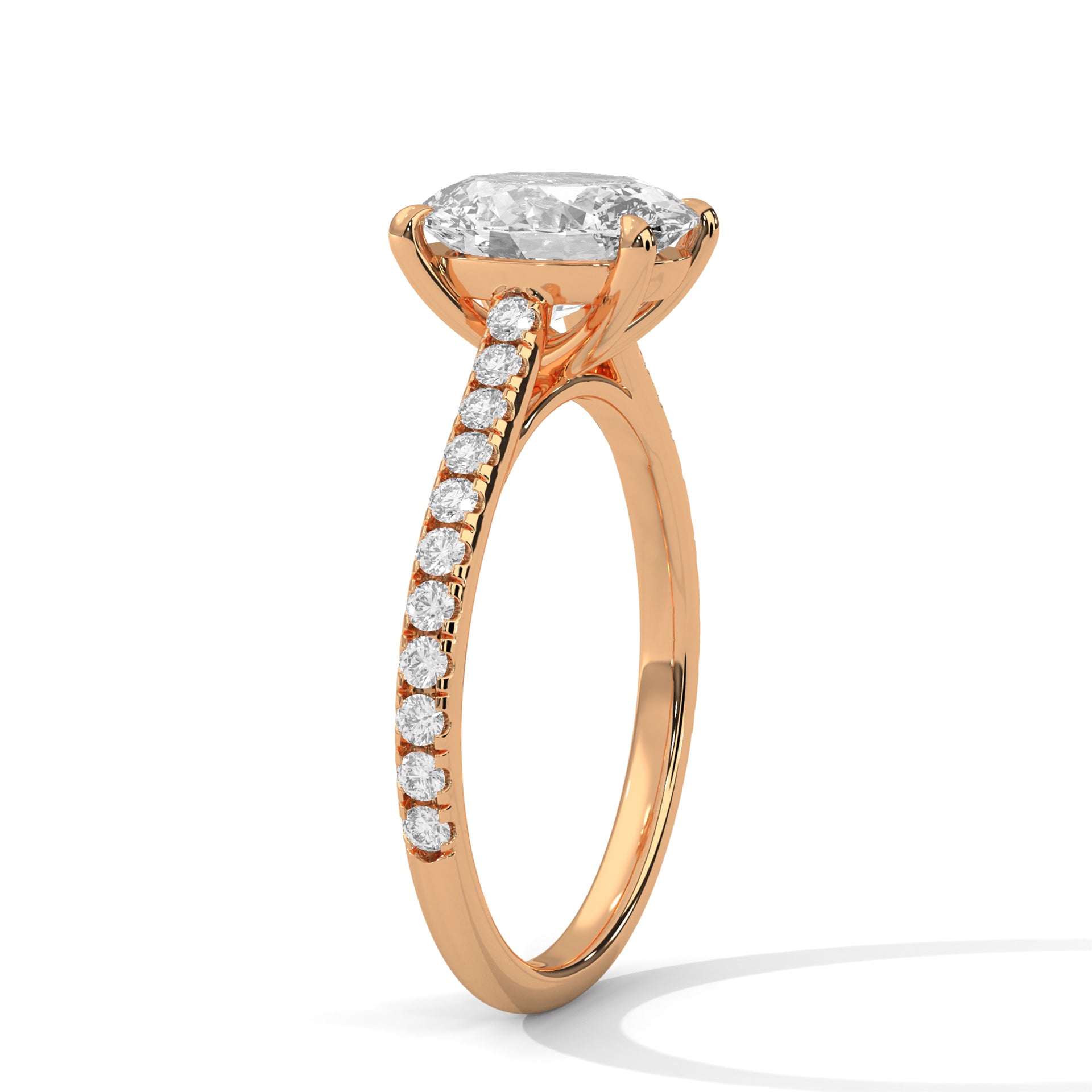 Oval Cut Diamond Engagement Ring in 14K Rose Gold, 1.50 Carat Oval Lab Grown Diamond Ring with Pavé Band, Romantic Solitaire Ring