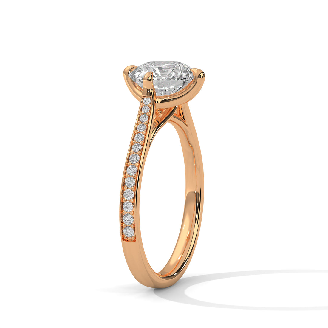 Round Diamond Pavé Engagement Ring in Rose Gold – Classic Round Solitaire with Diamond Band – Elegant Proposal Ring – Luxury Diamond Engagement Ring