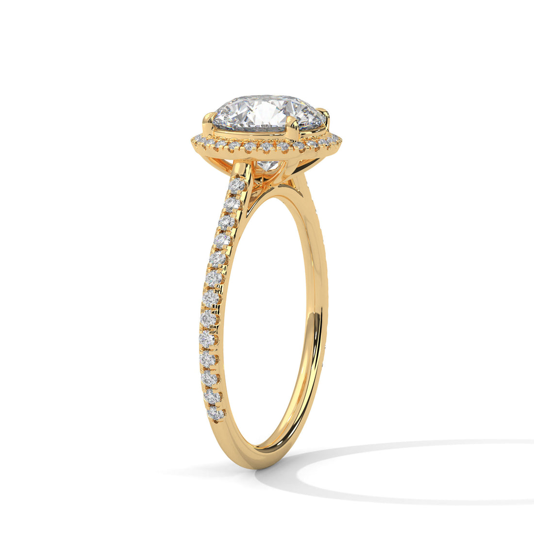 Round Halo Diamond Engagement Ring in Yellow Gold – 2 Carat Round Brilliant with Pavé Diamond Band