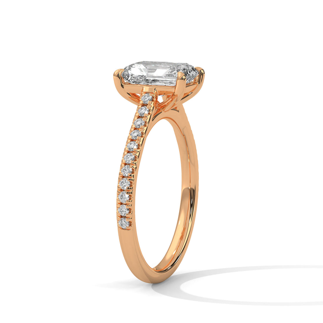Emerald Cut Diamond Engagement Ring in Rose Gold – Pavé Diamond Band Ring – Classic Emerald Cut Proposal Ring