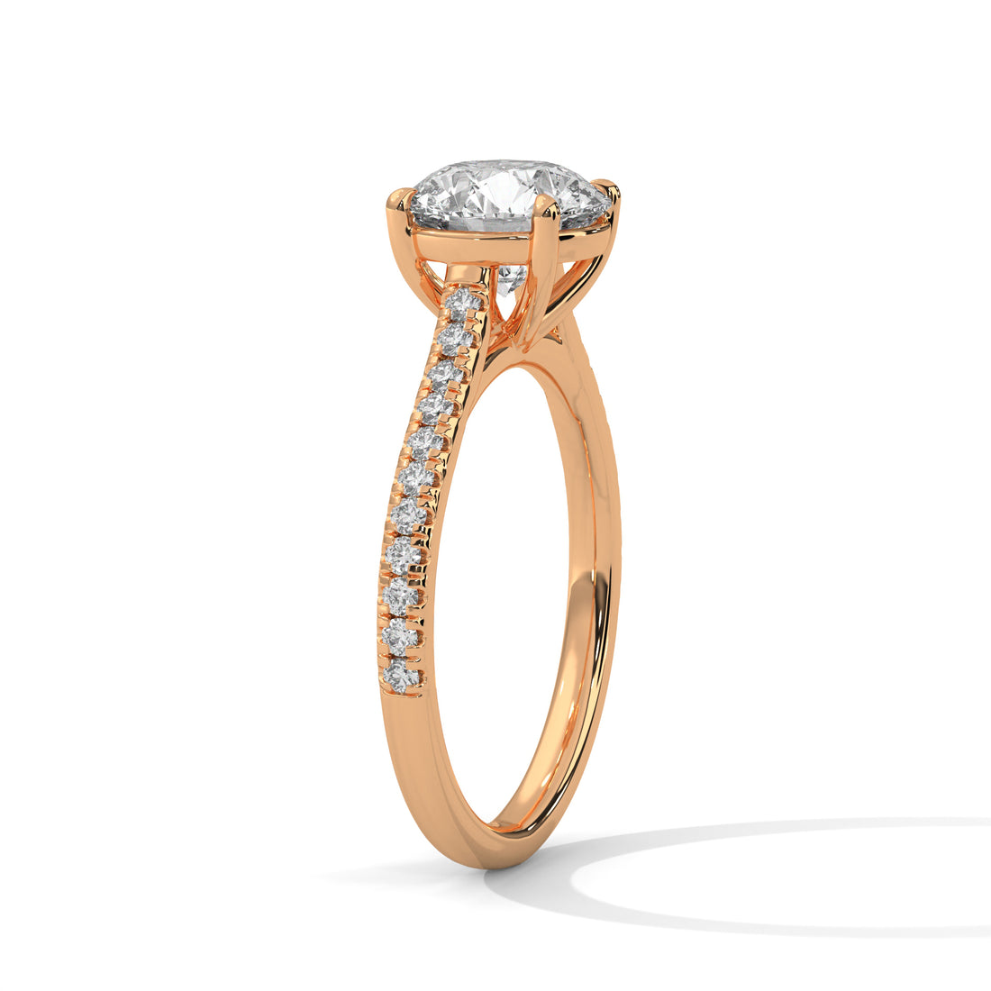 Round Diamond Pavé Engagement Ring in Rose Gold – Round Brilliant Solitaire Ring – Diamond Accent Engagement Ring – Classic Proposal Ring
