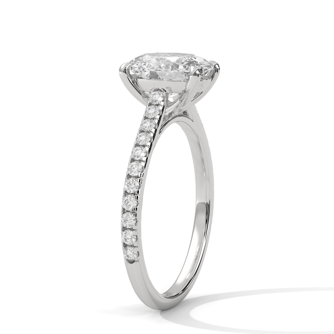 Oval Cut Diamond Engagement Ring in 14K White Gold, Pavé Band Solitaire Ring, 1.50 Carat Oval Lab Grown Diamond Ring