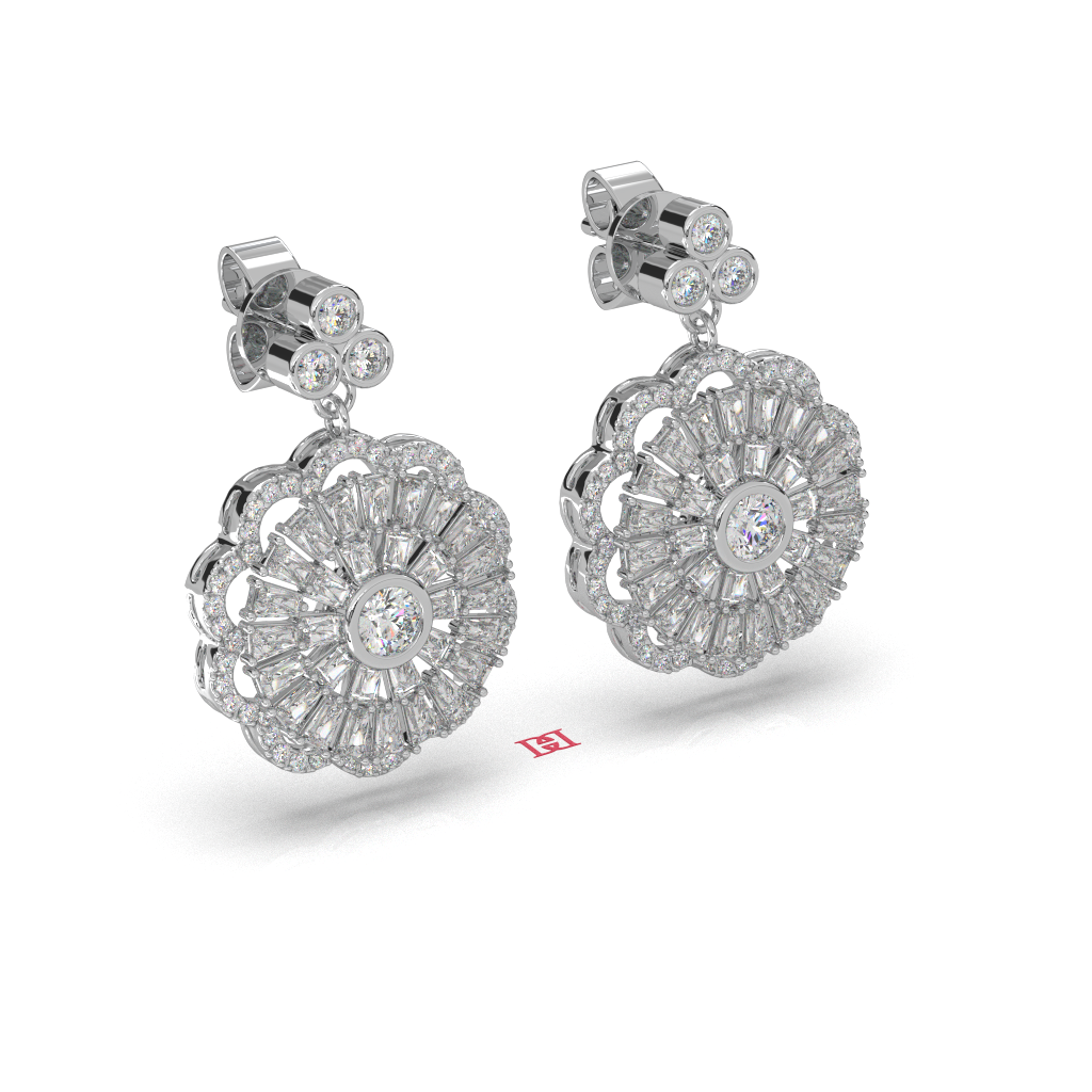 Handmade 925 Silver Floral Diamond Drop Earrings, Bridal Statement Jewelry