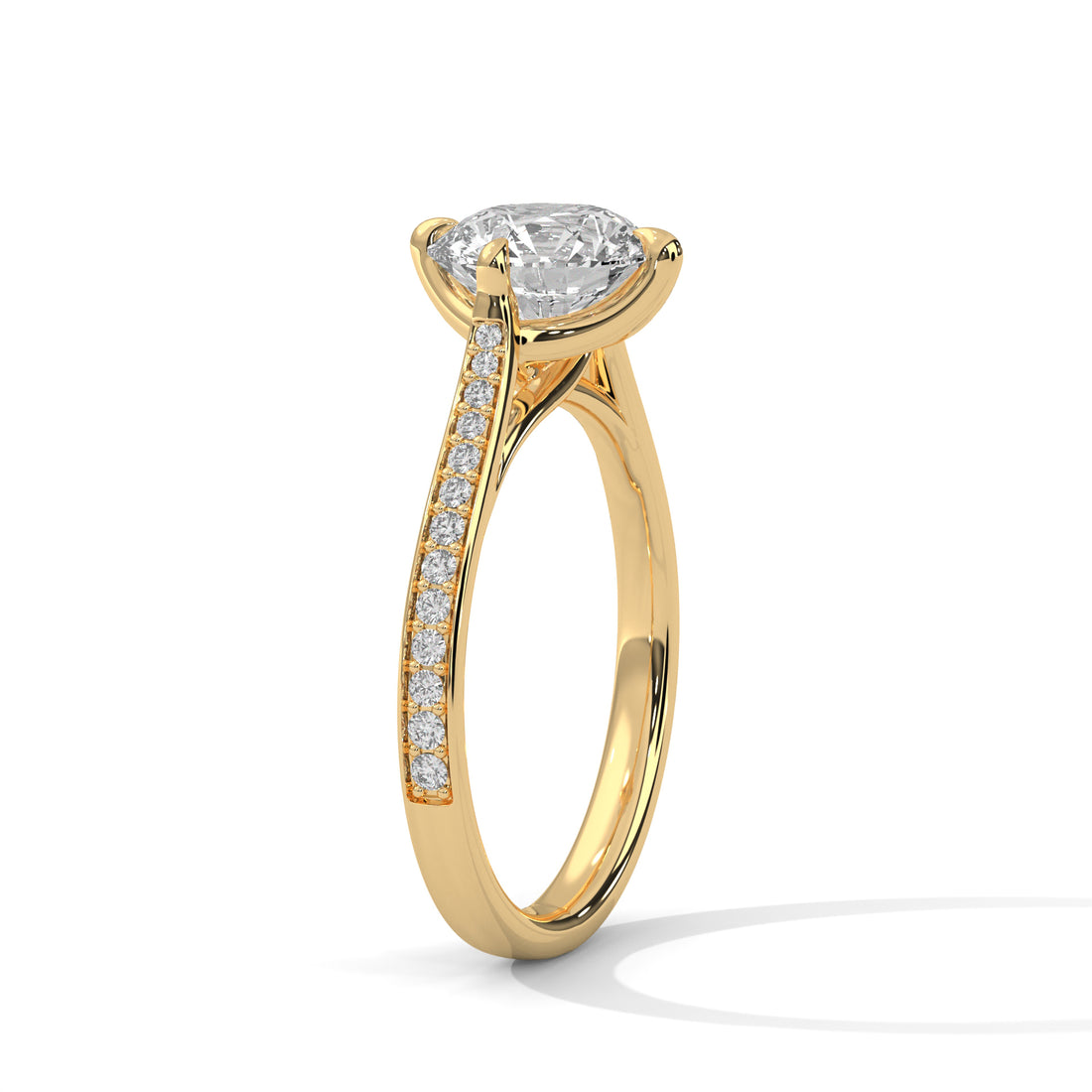 Round Diamond Pavé Engagement Ring in Gold – Classic Round Solitaire with Diamond Band – Elegant Proposal Ring – Luxury Diamond Engagement Ring