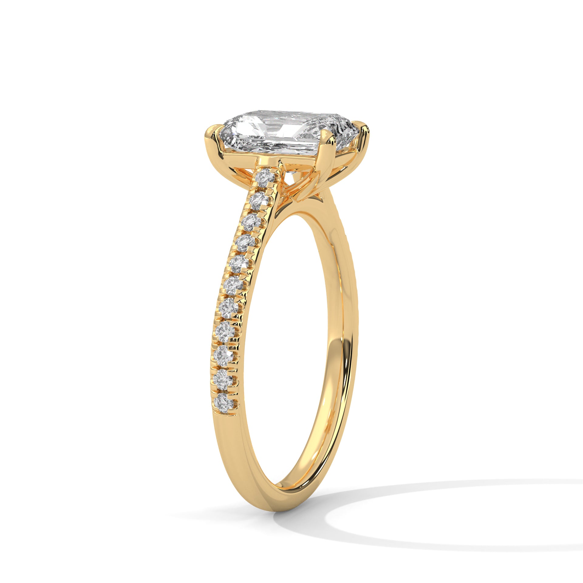 Emerald Cut Diamond Engagement Ring in Yellow Gold – Pavé Diamond Band Ring – Classic Emerald Cut Proposal Ring