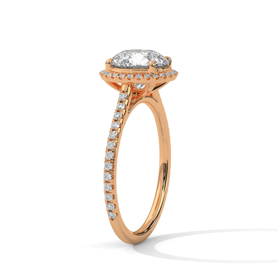 Round Halo Diamond Engagement Ring in Rose Gold – 2 Carat Round Brilliant with Pavé Diamond Band