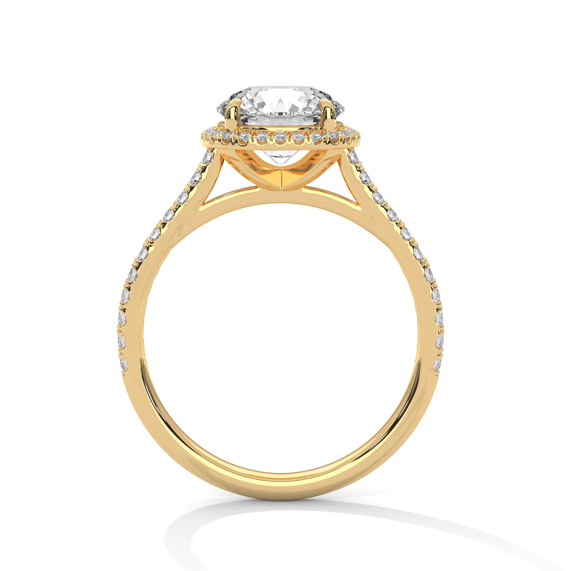 Round Cut Halo Diamond Engagement Ring in 14K Yellow Gold, 2.00 Carat Lab Grown Diamond Pavé Bridal Ring