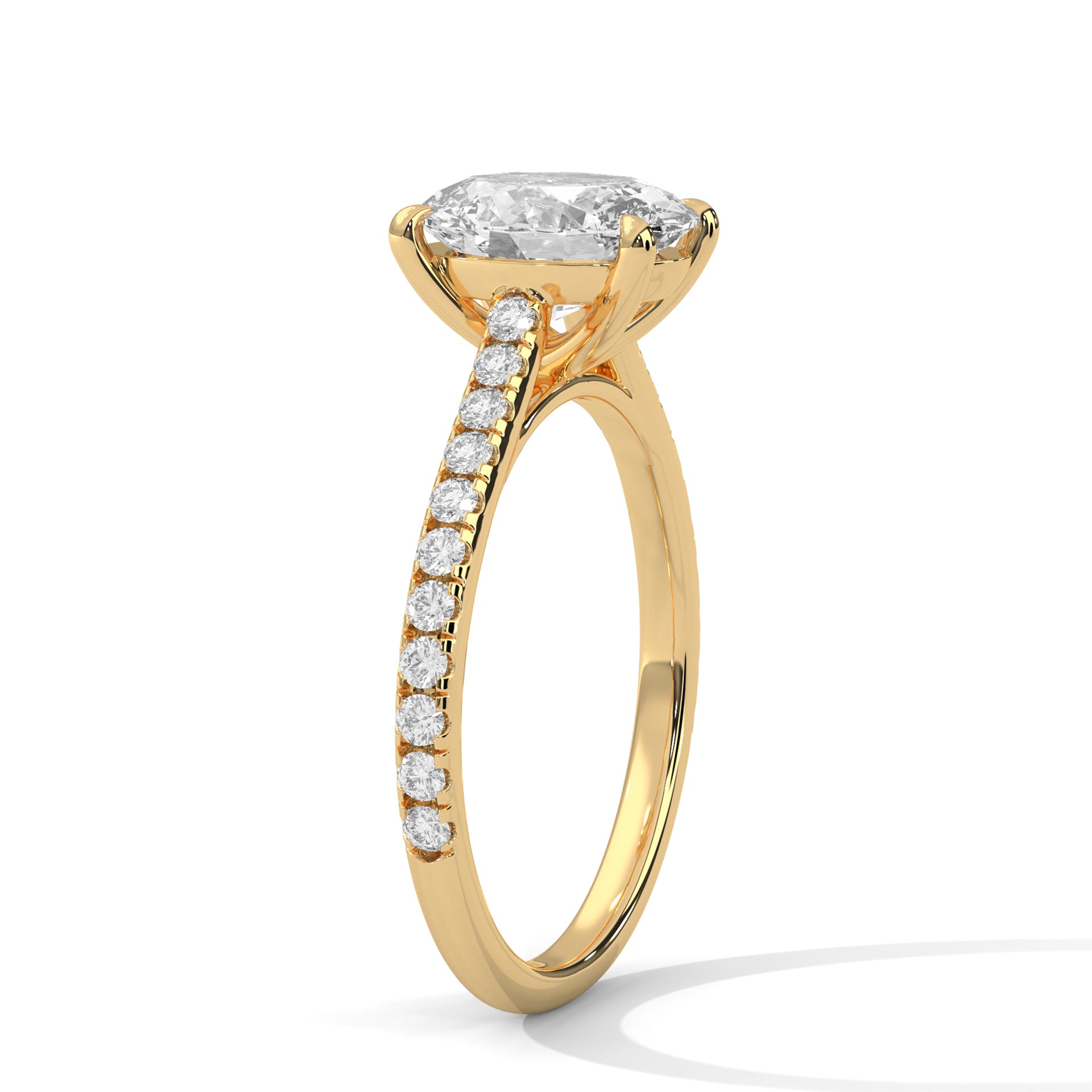 Oval Cut Diamond Engagement Ring in 14K Yellow Gold with Pavé Band – Classic Luxury Solitaire Ring