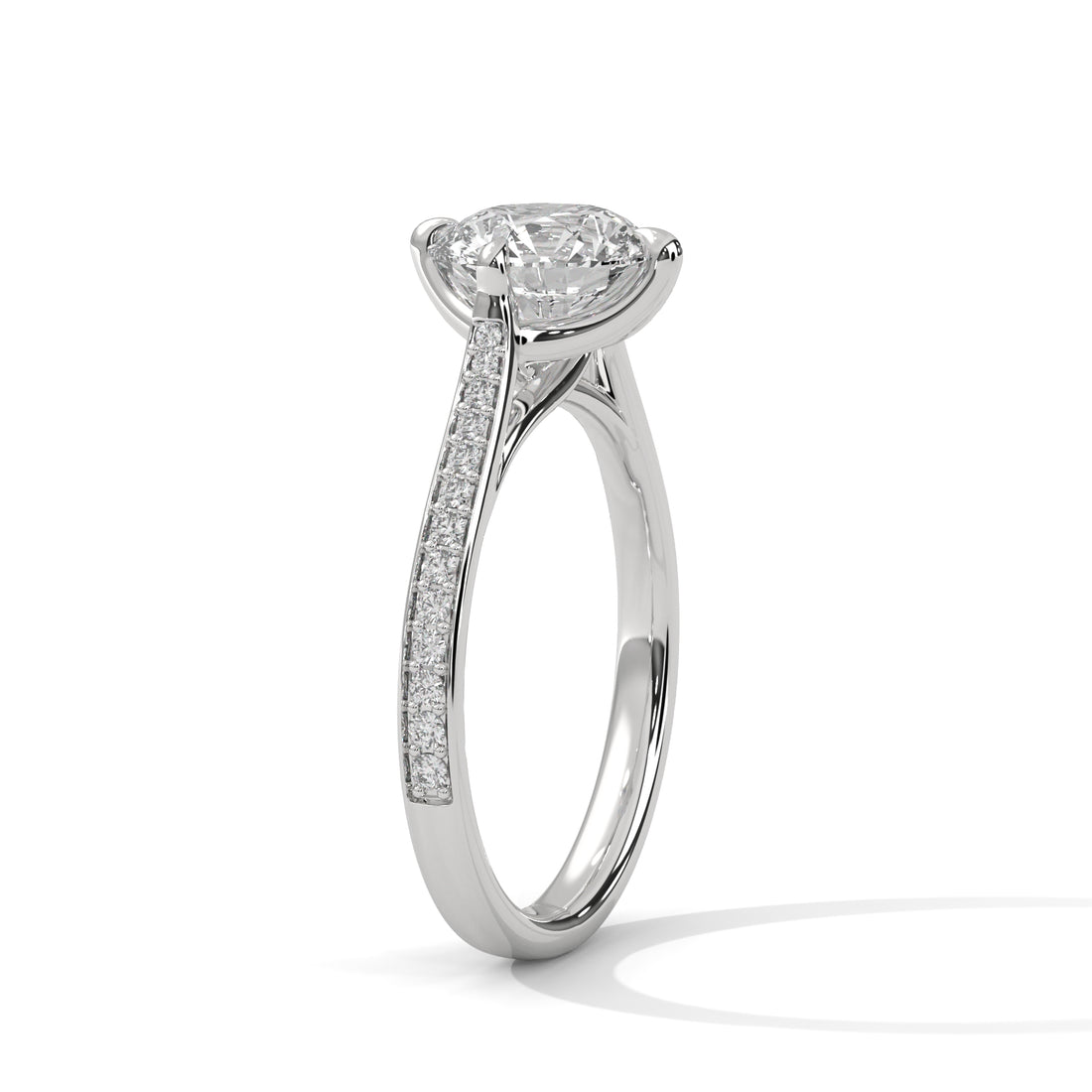 Round Diamond Pavé Engagement Ring in White Gold – Classic Round Solitaire with Diamond Band – Elegant Proposal Ring – Luxury Diamond Engagement Ring
