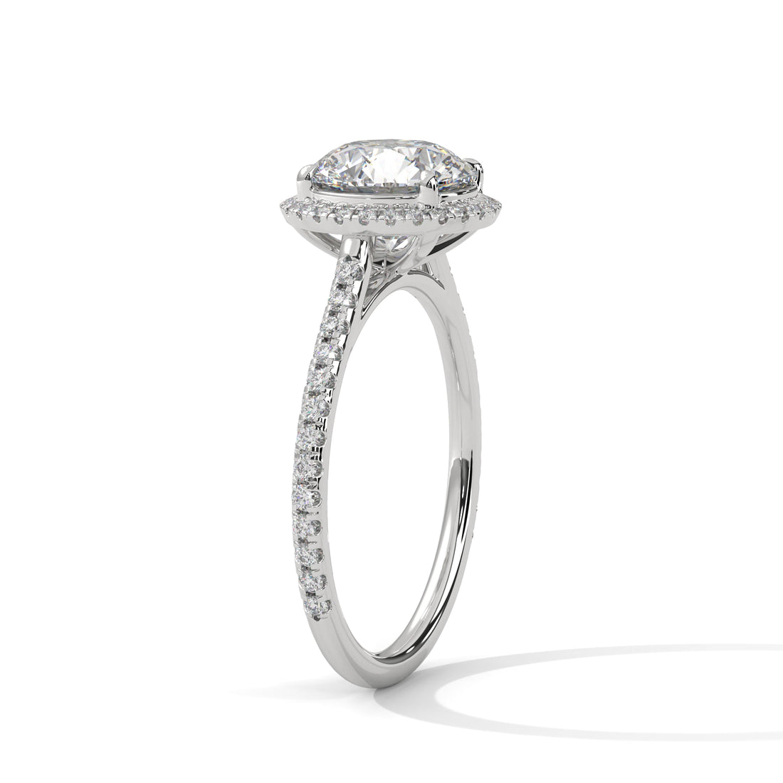 Round Halo Diamond Engagement Ring in White Gold – 2 Carat Round Brilliant with Pavé Diamond Band