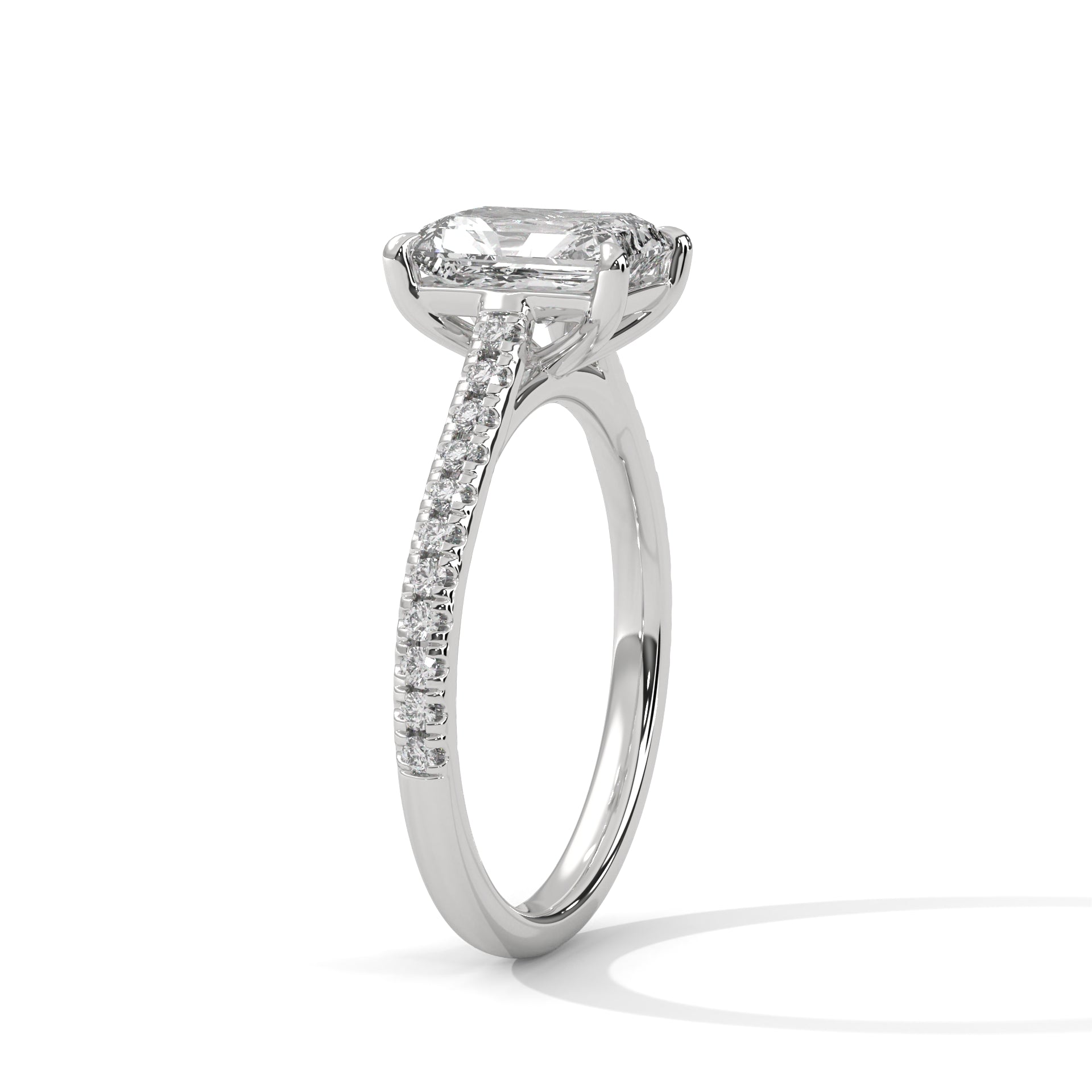 Emerald Cut Diamond Engagement Ring in White Gold – Pavé Diamond Band Ring – Classic Emerald Cut Proposal Ring