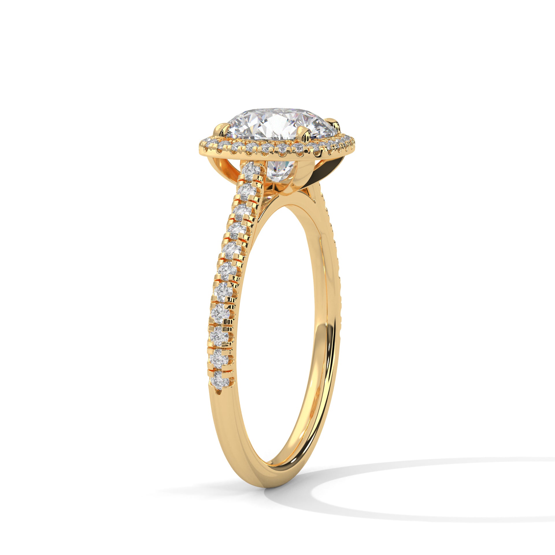 Round Cut Halo Diamond Engagement Ring in 14K Yellow Gold, 2.00 Carat Lab Grown Diamond Pavé Bridal Ring