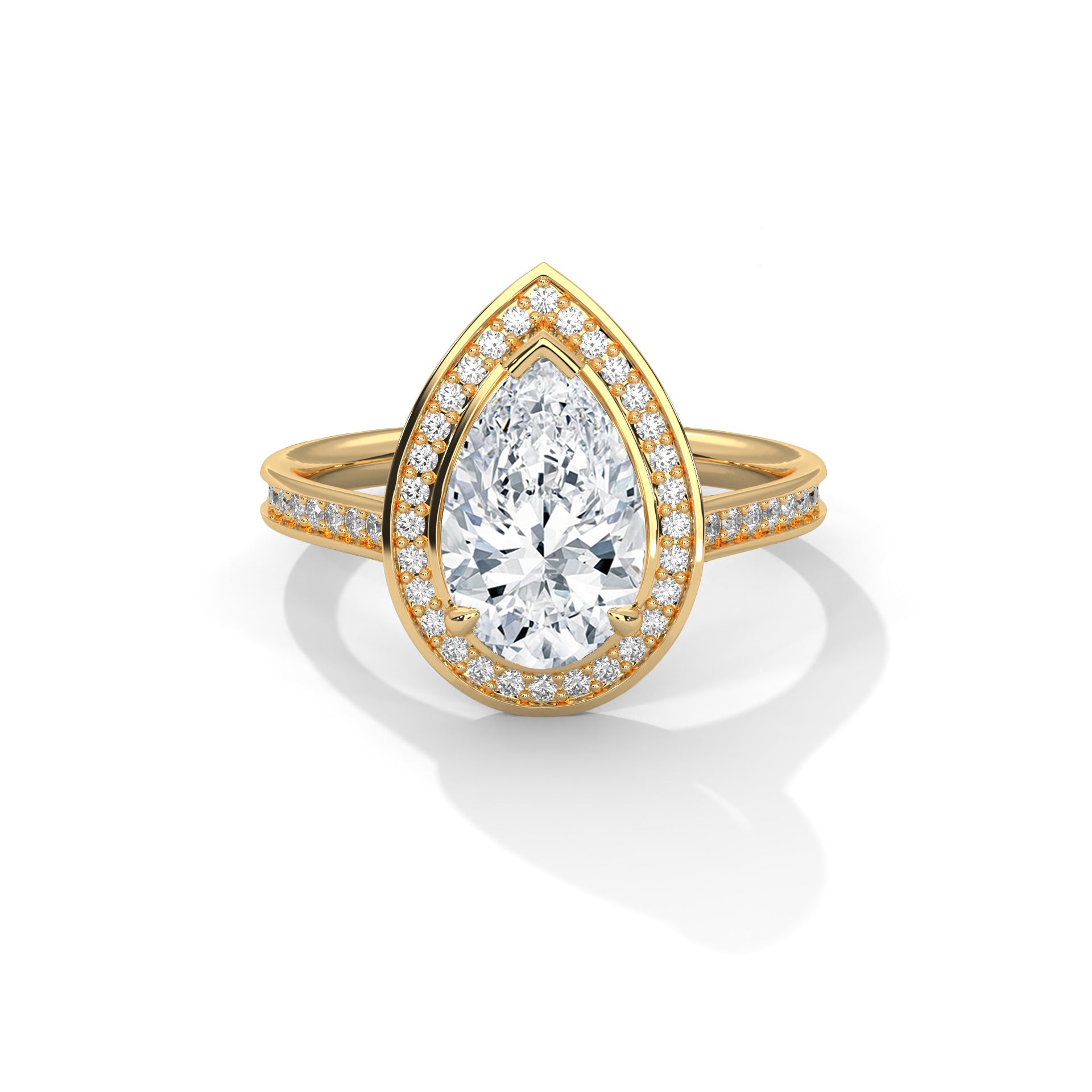Pear Shape Halo Diamond Engagement Ring in 14K Yellow Gold, 2.00 Carat Lab Grown Diamond with Hidden Halo
