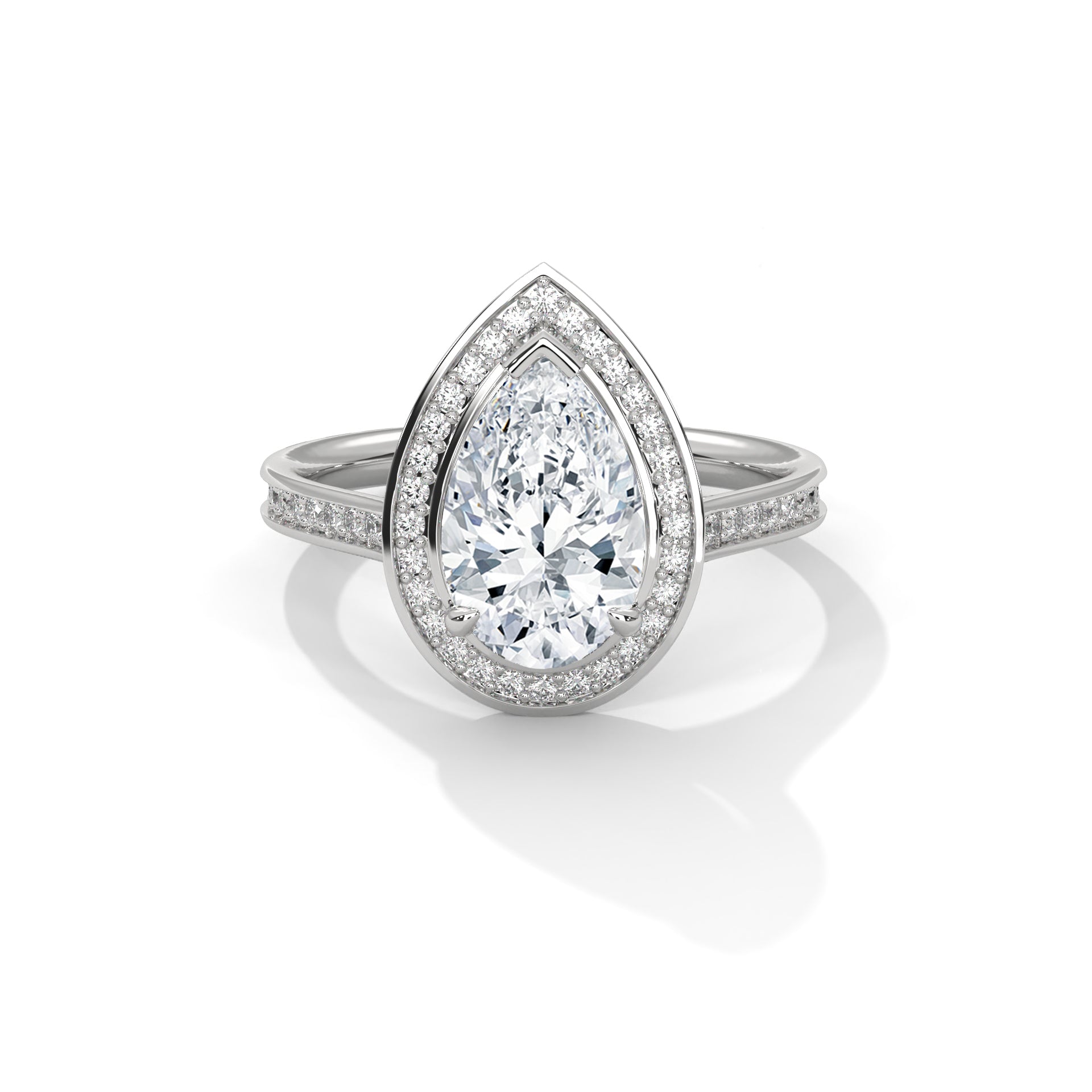 Pear Shape Halo Diamond Engagement Ring in 14K White Gold, 2.00 Carat Lab Grown Diamond with Hidden Halo
