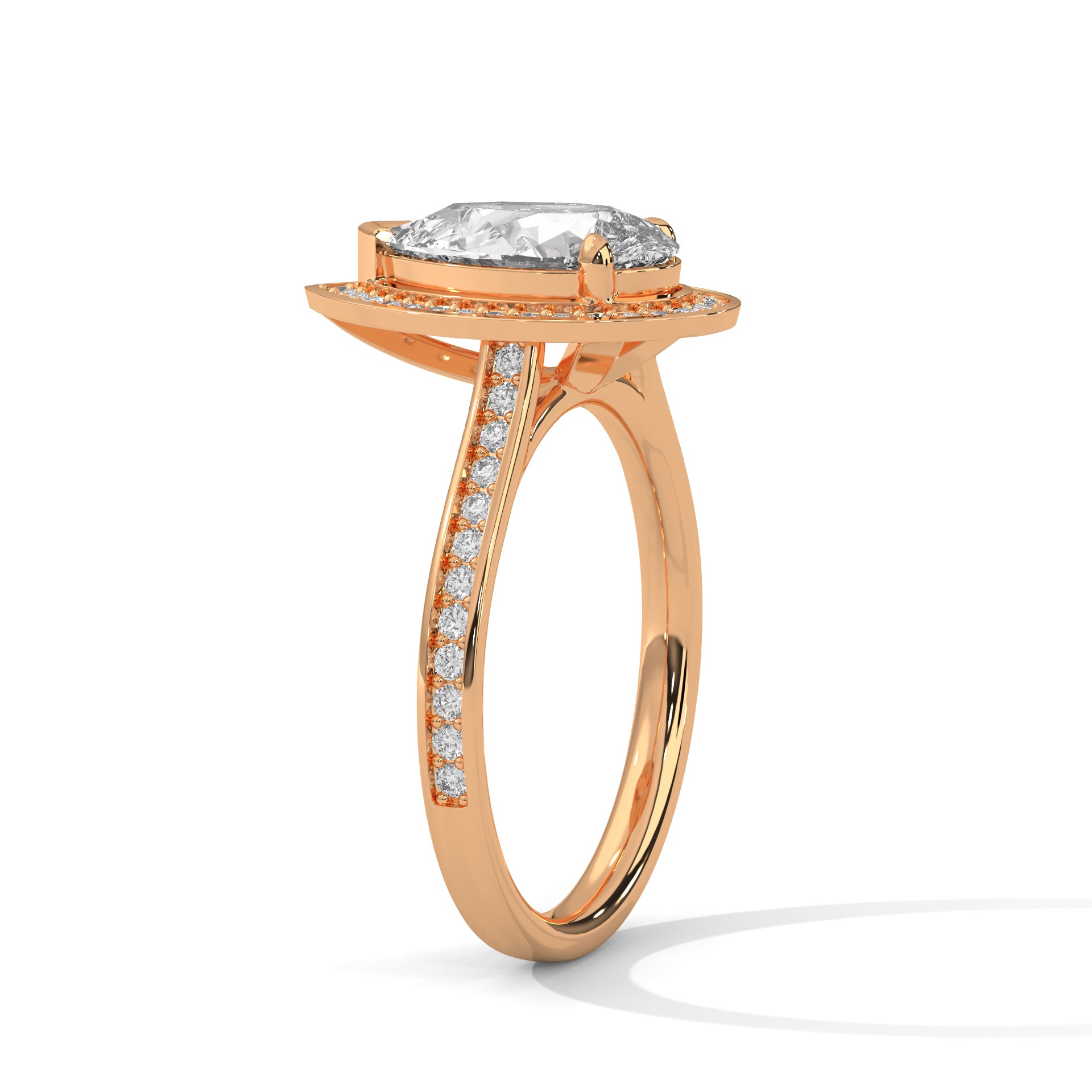 Pear Shape Halo Diamond Engagement Ring in 14K Rose Gold, 2.00 Carat Lab Grown Diamond with Hidden Halo