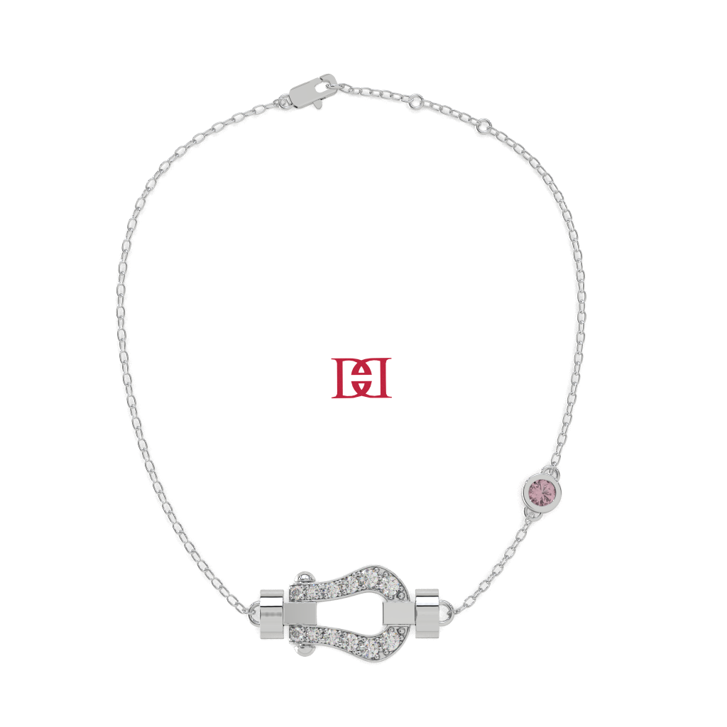 Luxury 925 Silver Diamond Clasp Bracelet, Designer Pavé Link Bracelet, Pink Stone Accent Bracelet, Elegant Minimalist Fine Jewelry