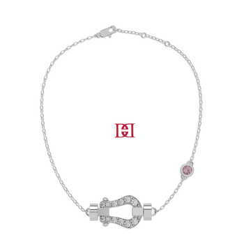 Luxury 925 Silver Diamond Clasp Bracelet, Designer Pavé Link Bracelet, Pink Stone Accent Bracelet, Elegant Minimalist Fine Jewelry