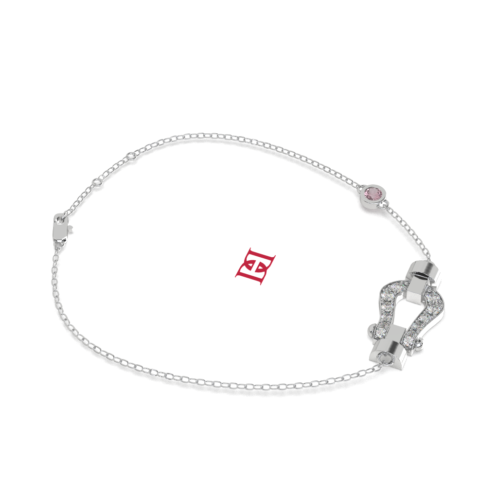 Luxury 925 Silver Diamond Clasp Bracelet, Designer Pavé Link Bracelet, Pink Stone Accent Bracelet, Elegant Minimalist Fine Jewelry