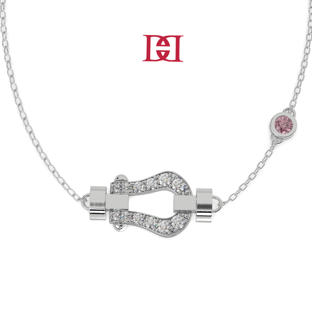 Luxury 925 Silver Diamond Clasp Bracelet, Designer Pavé Link Bracelet, Pink Stone Accent Bracelet, Elegant Minimalist Fine Jewelry