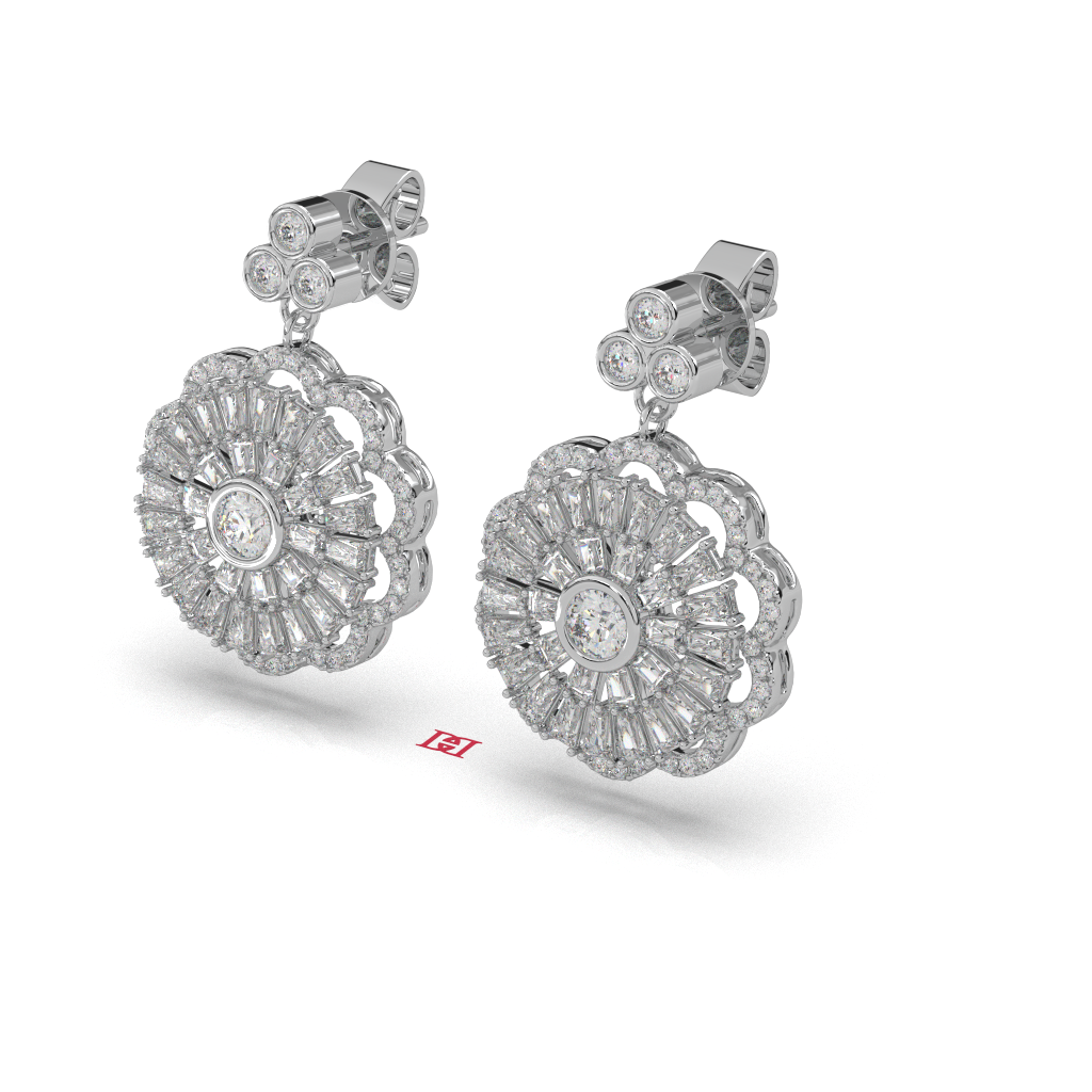 Handmade 925 Silver Floral Diamond Drop Earrings, Bridal Statement Jewelry