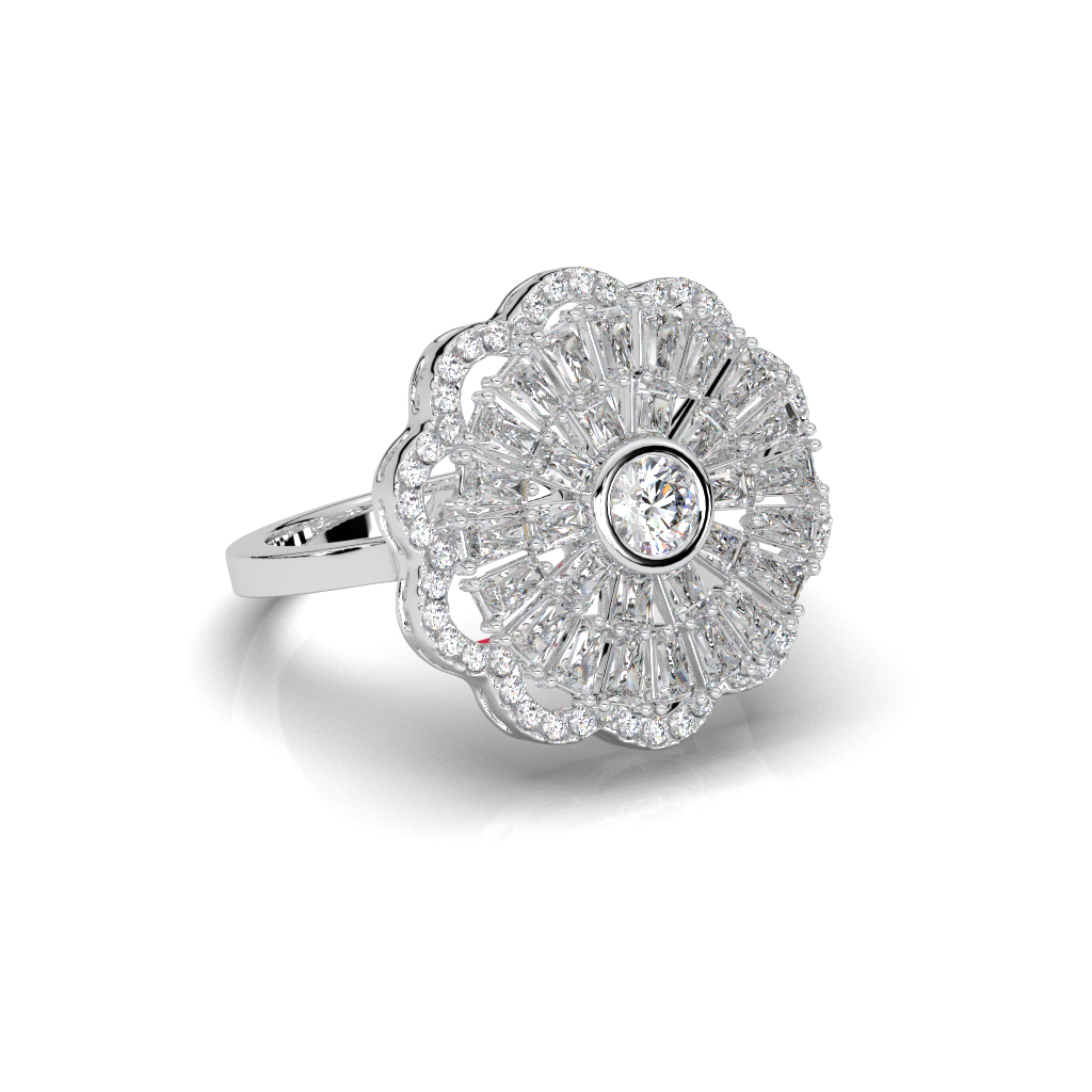 Floral Halo Lab Ruby Ring, Baguette Cluster, 925 Sterling Silver