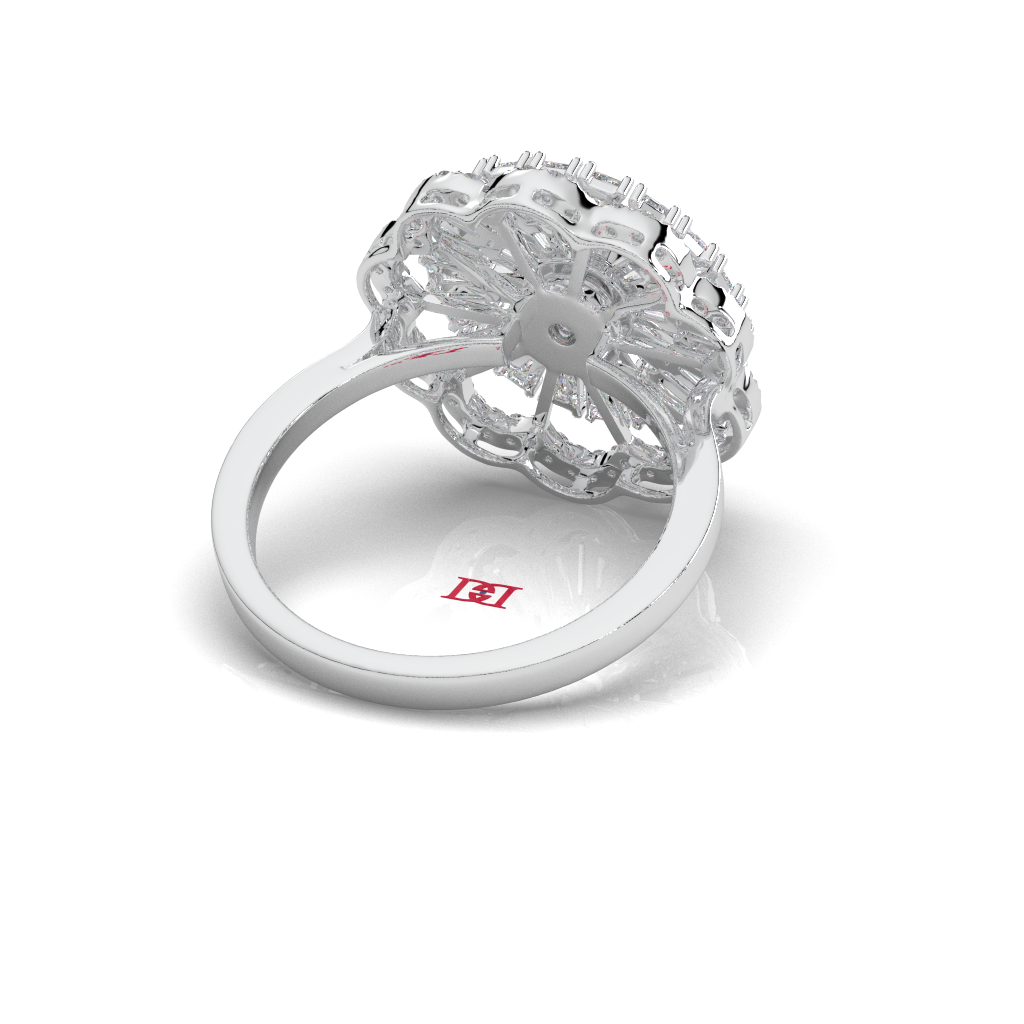 Floral Halo Lab Ruby Ring, Baguette Cluster, 925 Sterling Silver