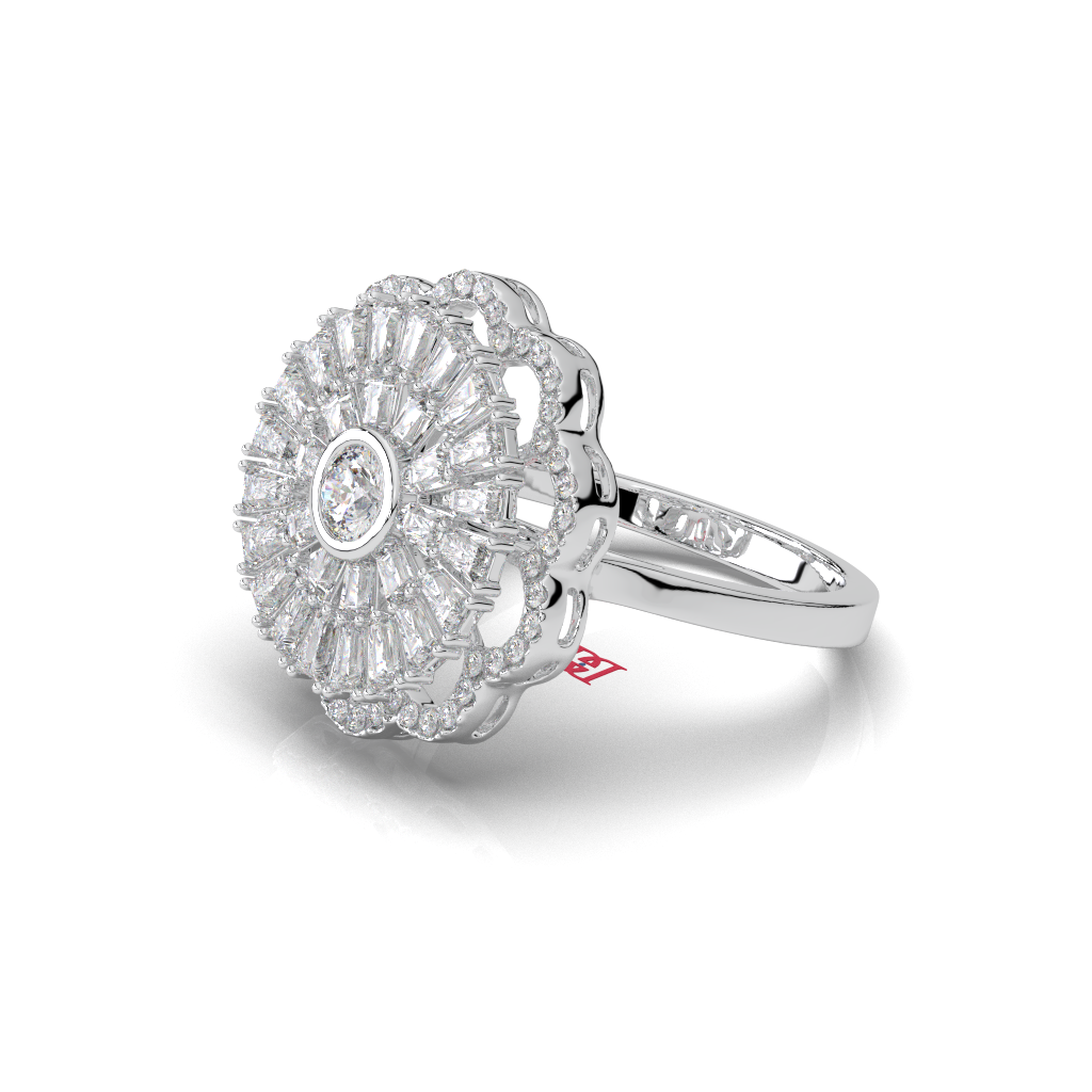 Floral Halo Lab Ruby Ring, Baguette Cluster, 925 Sterling Silver